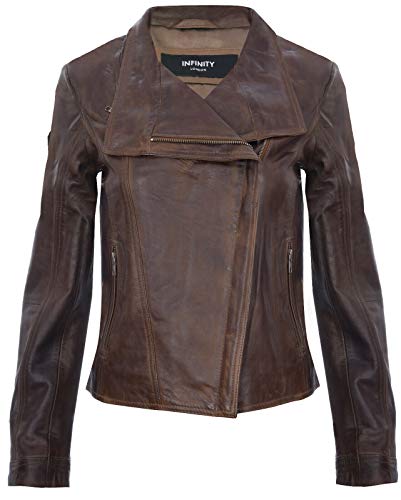 Damen Braun Echtlederjacke Classic Motorradfahrer Style Schal XL von Infinity Leather