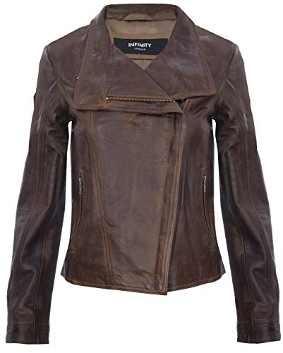 Damen Braun Echtlederjacke Classic Motorradfahrer Style Schal XS von Infinity Leather