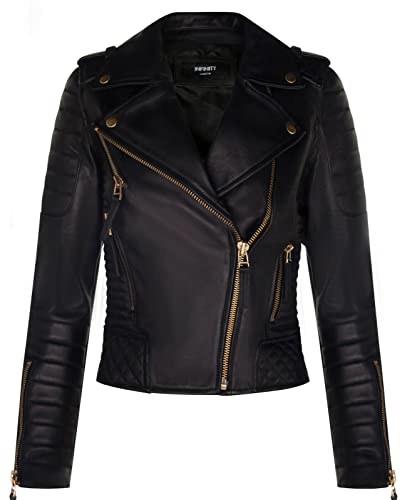 Infinity Leather Damen-Leder-Bikerjacke, Gesteppt, Matt, Schwarz, Goldfarbener Reißverschluss, Echte Nappa Gothic Fashion Moto Jacke 2XL von Infinity Leather