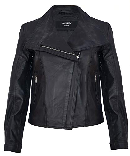 Damen Schwarz Echtlederjacke Classic Motorradfahrer Style Schal L von Infinity Leather
