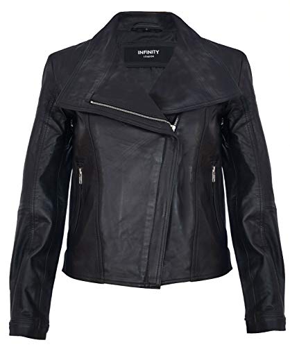 Damen Schwarz Echtlederjacke Classic Motorradfahrer Style Schal S von Infinity Leather