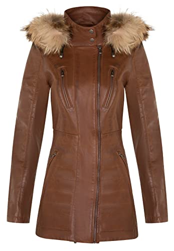 Infinity Leather Bräunen Damen Leder Parka Jacke Gesteppte Abnehmbare Kapuze Regenmantel 3XL von Infinity Leather