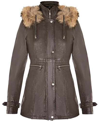 Infinity Leather Damen Braun Warme Lederjacke Abnehmbare Kapuze Parka Regenmantel 3XL von Infinity Leather