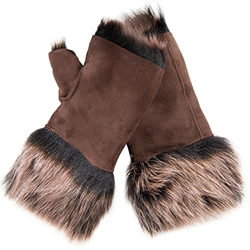 Infinity Leather Damen Handschuhe Winter Warm Bruan Gold Shearling Toskana Schaffell Wildleder Fingerloses Design von Infinity Leather