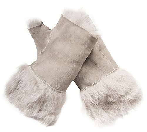 Infinity Leather Damen Handschuhe Winter Warm Hellgrau Shearling Toskana Schaffell Wildleder Fingerloses Design von Infinity Leather