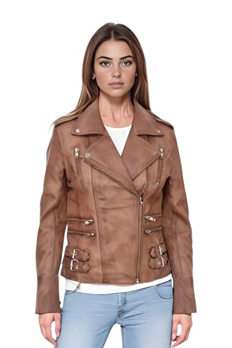 Infinity Leather Damen Leder Bikerjacke Hellbraunes Braun Echtes Lammnappa Vintage Gothic Schnalle von Infinity Leather