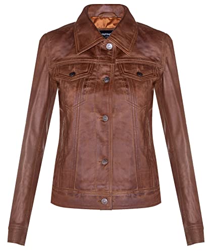 Infinity Leather Damen Leder Bräunen Trucker Classic Western Lässige Jeansjacke von Infinity Leather