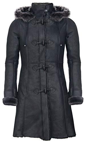 Infinity Leather Damen Merino Schwarz Shearling Schaffell Kapuze Dufflecoat 4XL von Infinity Leather