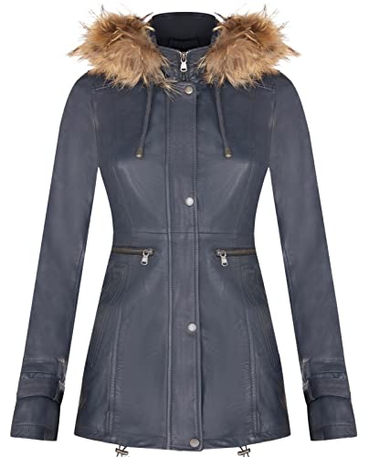 Infinity Leather Damen Navy Blau Warme Lederjacke Abnehmbare Kapuze Parka Regenmantel 5XL von Infinity Leather