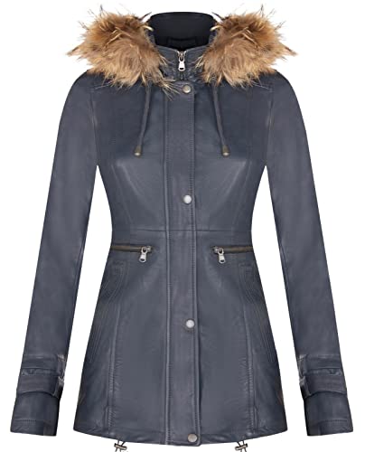 Infinity Leather Damen Navy Blau Warme Lederjacke Abnehmbare Kapuze Parka Regenmantel XL von Infinity Leather