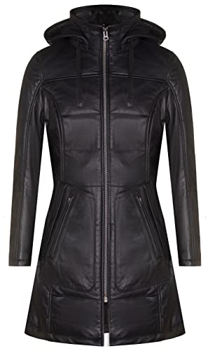 Infinity Leather Damen Puffer Steppjacke aus Schwarzem Leder Mit Kapuze M von Infinity Leather