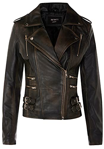 Infinity Leather Damen Retro Schwarz Abreiben 100% Nappaleder Bikerjacke 2XL von Infinity Leather