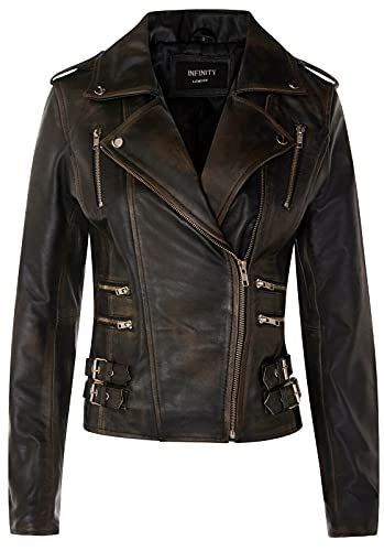 Infinity Leather Damen Retro Schwarz Abreiben 100% Nappaleder Bikerjacke M von Infinity Leather