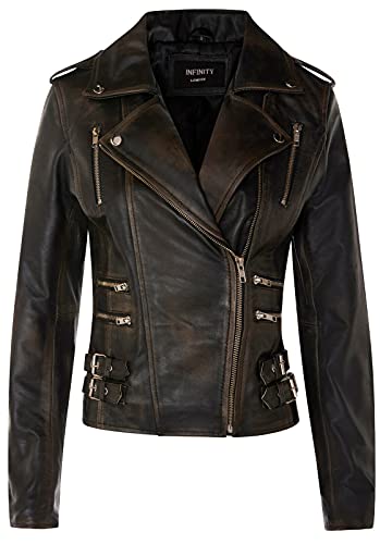 Infinity Leather Damen Retro Schwarz Abreiben 100% Nappaleder Bikerjacke XS von Infinity Leather