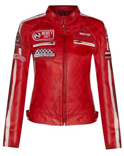 Infinity Leather Damen Rot Leder Biker Casual Racing Moto Abzeichen Jacke von Infinity Leather