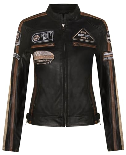 Infinity Leather Damen Schwarz Leder Biker Casual Racing Moto Abzeichen Jacke von Infinity Leather