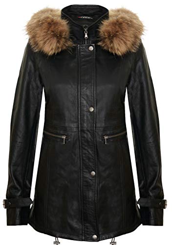 Infinity Leather Damen Schwarz Warme Lederjacke Abnehmbare Kapuze Parka Regenmantel 2XL von Infinity Leather