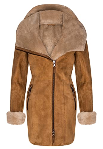 Infinity Leather Damen Tan Kapuzen Shearling Schaffell Merino Wildleder Ledermantel von Infinity Leather