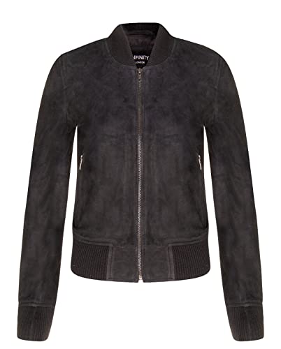 Infinity Leather Damen-Ziegenwildleder Schwarz Bomber aus Echtem Leder MA-1 Varsity Jacke von Infinity Leather