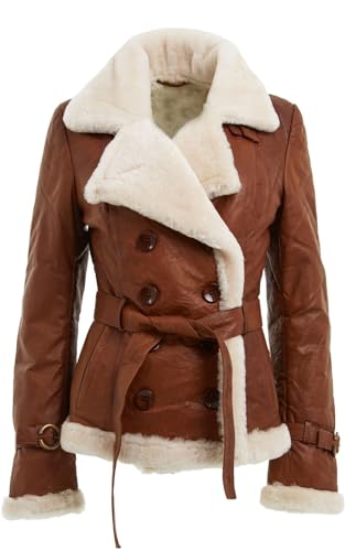 Infinity Leather Damen braune zweireihiger echtem Shearling-Schaffellleder Erbsenmantel 2XL von Infinity Leather