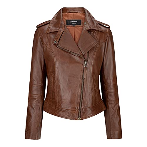 Infinity Leather Damenjacke 100% Echtleder Braun Kurz Eng Biker Stil Retro Design von Infinity Leather