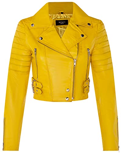 Infinity Leather Damenjacke 100% Echtleder Gelb Biker Goth Still Designer Kurzer Ausschnitt von Infinity Leather