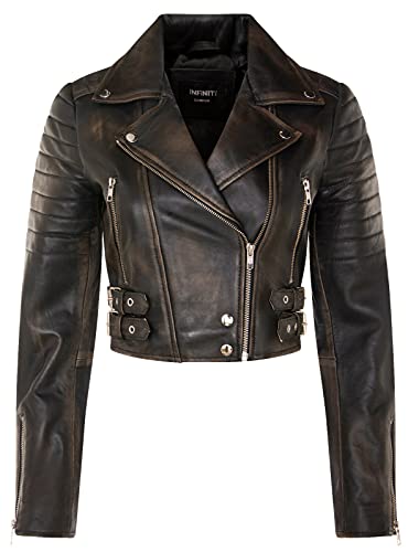 Infinity Leather Damenjacke 100% Echtleder Schwarz Schäbiges Design Biker Goth Still Kurzer Ausschnitt von Infinity Leather