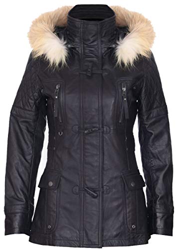 Infinity Leather Frauen Schwarze Gesteppte Leder Parka Jacke Mit Abnehmbarer Kapuze 2XL von Infinity Leather