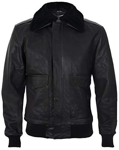 Infinity Leather Herren A2 Schwarz Schaf Nappa Leder Bomberjacke mit Abnehmbarer Schaffellkragen S von Infinity Leather