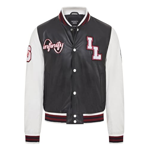 Infinity Leather Herren-Baseball-Bomberjacke aus schwarzem und weißem Letterman-Leder von Infinity Leather