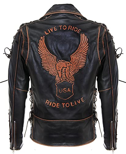 Infinity Leather Herren Jahrgang Schwarz Brando LIVE to Ride Geprägte Eagle Leder Motorrad Motorradjacke 4XL von Infinity Leather