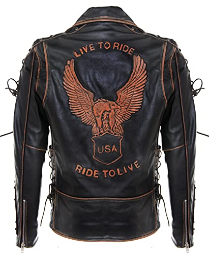 Infinity Leather Herren Jahrgang Schwarz Brando LIVE to Ride Geprägte Eagle Leder Motorrad Motorradjacke 5XL von Infinity Leather