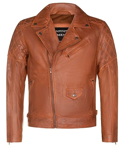 Infinity Leather Herren Kreuz Hellbraun Reißverschluss Leder Retro gesteppte Biker Jacke von Infinity Leather