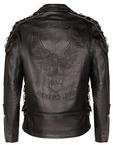 Infinity Leather Herren Schwarz Brando Biker Jacke LIVE TO RIDE Geprägtes EAGLE Leder Vintage von Infinity Leather