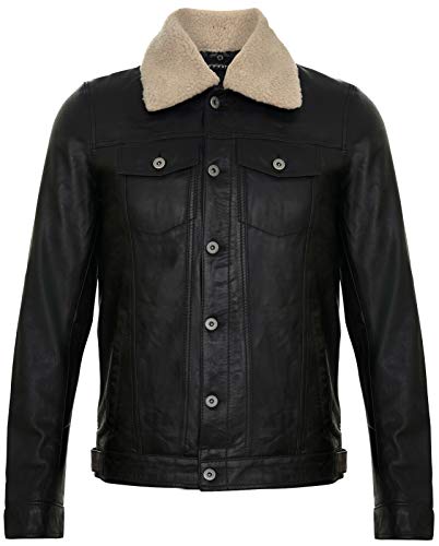 Infinity Leather Herren Schwarze Lederjacke Trucker Abnehmbarer Schaffell Sherpa Kragen Beiläufig Jeans Mantel 4XL von Infinity Leather