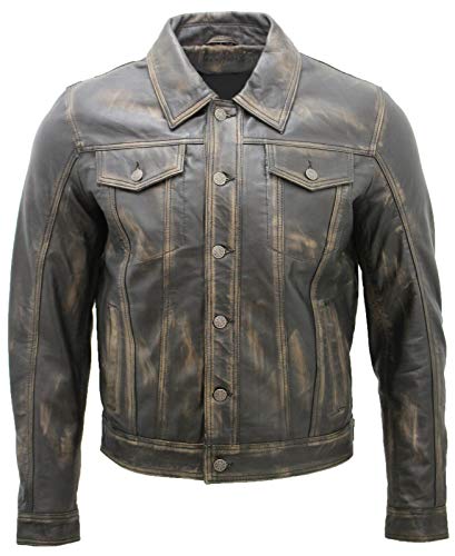 Infinity Leather Herren Trucker Beiläufig Jahrgang Schwarz Lederhemd Jeans Jacke L von Infinity Leather