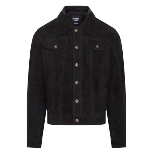 Infinity Leather Herren Trucker Jeansjacke aus schwarzem Ziegenwildleder im Western-Stil von Infinity Leather