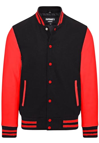 Infinity Leather Letterman Baseball-Uni-Bomberjacke aus schwarzer Wolle und rotem Leder von Infinity Leather