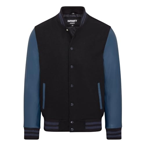 Infinity Leather Letterman Baseball Varsity-Bomberjacke aus Schwarzem, Wollblauem Leder von Infinity Leather