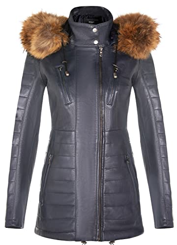 Infinity Leather Navy Blau Damen Leder Parka Jacke Gesteppte Abnehmbare Kapuze Regenmantel 3XL von Infinity Leather