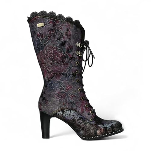 Laura Vita Damen Alcbane 0351 Gothic Victorian Schnürstiefel mit Blumenmuster und violettem Lederabsatz – Wadenlanger Vintage-Spitzenbesatz, Hoher Stilettoabsatz von Infinity Leather