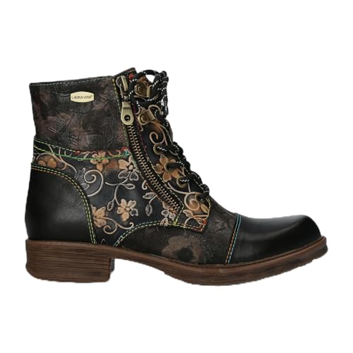 Laura Vita Damen Anita 006 Gothic Victorian Floral Schnürstiefeletten aus Leder – Vintage Niedriger Absatz Seitlicher Reißverschluss Bequemes Modeschuhwerk von Infinity Leather