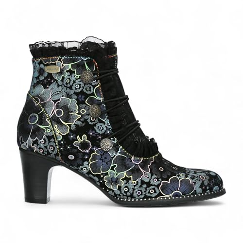 Laura Vita Damen Elcodieo 224 Gothic Victorian Blue Floral Lederstiefeletten – Vintage Schnürung Reißverschluss von Infinity Leather