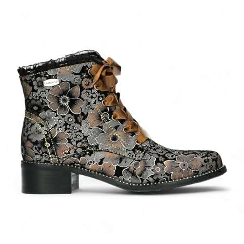 Laura Vita Damen Emcmao-45 Gothic Victorian Floral Lederstiefeletten – Schnür-Reißverschluss mit 4 cm Blockabsatz von Infinity Leather