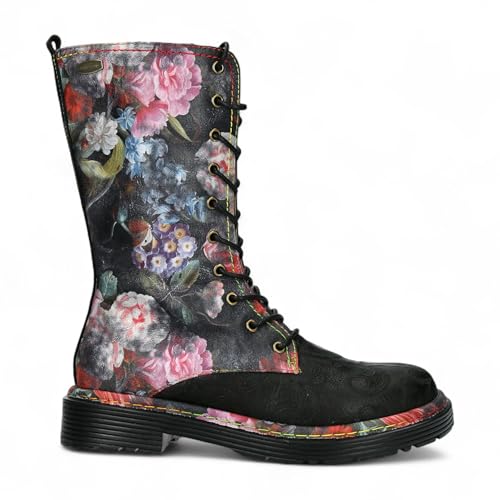 Laura Vita Damen Incaso-18 Gothic Victorian Floral Leder Mid-Calf Combat Boots – Schnürung mit Reißverschluss von Infinity Leather
