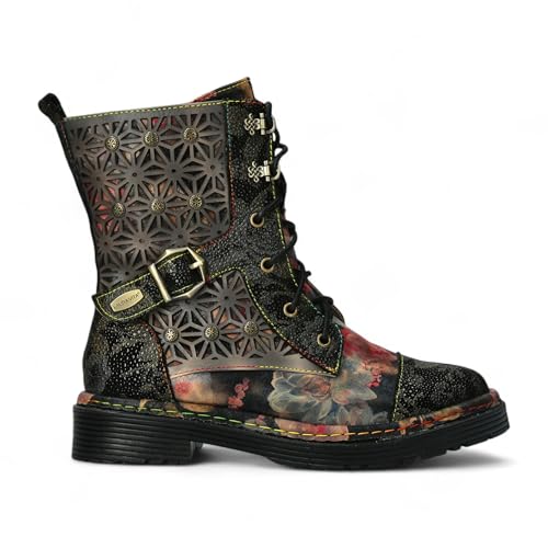 Laura Vita Damen Incaso-36 Gothic Victorian Floral Leder Schnürstiefeletten mit Hohem Absatz – Seitlicher Reißverschluss von Infinity Leather