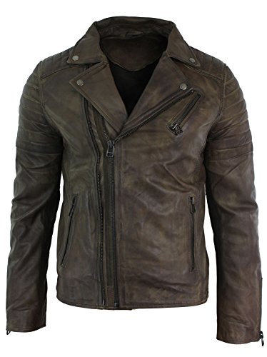 Mens Slim Fit Cross Zip Retro Vintage Brando Real Leather Jacket Vintage Biker - Braun, XL von Infinity Leather