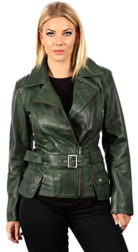Damen Grün Lange Feminine Leder Motorradfahrer Jacke 22 von Infinity