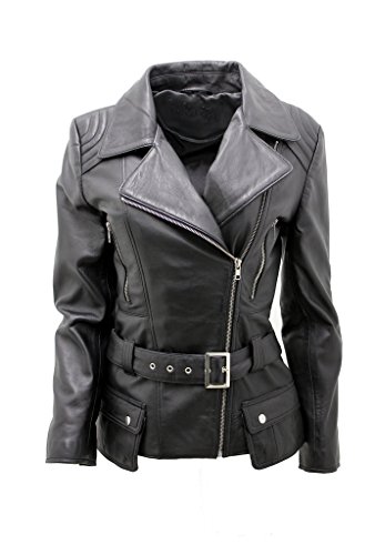 Damen Schwarz Lange Feminine Leder Motorradfahrer Jacke 12 von Infinity