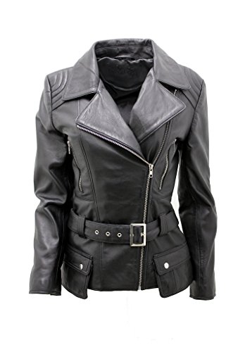 Damen Schwarz Lange Feminine Leder Motorradfahrer Jacke 22 von Infinity